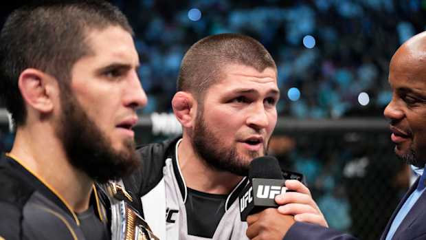 Khabib Nurmagomedov speaking to Daniel Cormier following Islam Makhachev's UFC title fight.